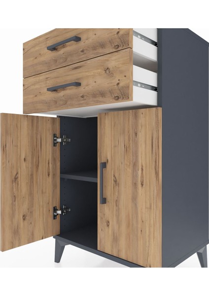 Hyperion Komodin Tek Raflı 2 Çekmeceli 2 Kapaklı 60X44X106 Antrasit-Çam indirimleri