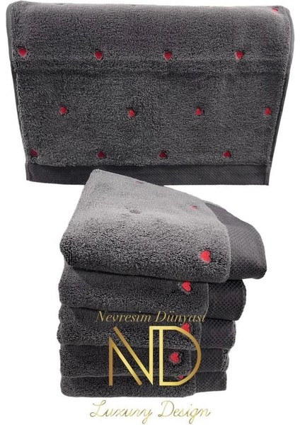 Hobby Lubow Love Koyu Gri Kırmızı Nakışlı 50X90 6'lı Havlu Seti
