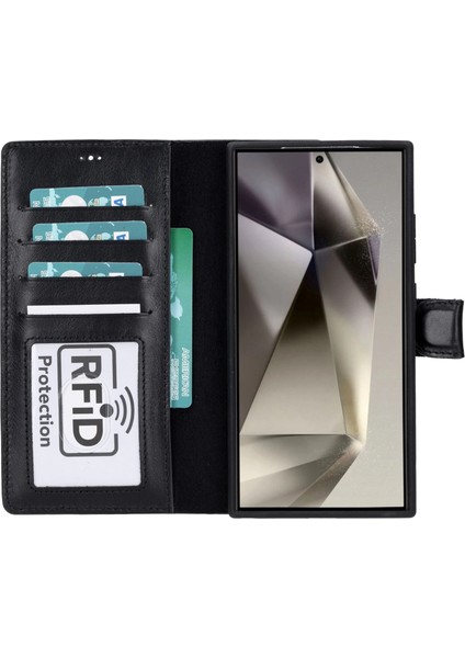 Samsung Galaxy S24 Ultra Uyumlu, Deri Cüzdanlı Kılıf, Parlak Siyah fırsatları