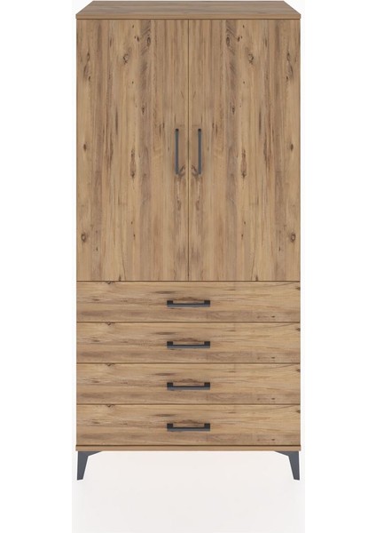 Hyperion Dolap Tek Raflı 4 Çekmeceli Tek Askılı 88X44X182 Çam-Çam