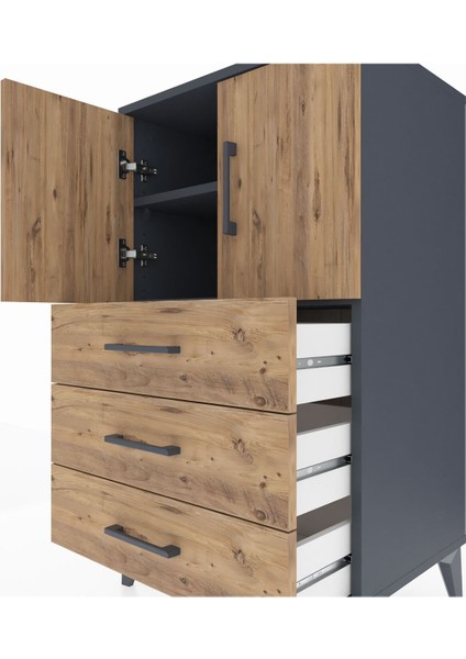 Hyperion Komodin 2 Raflı 3 Çekmeceli 2 Kapaklı 60X44X106 Antrasit-Çam indirimleri