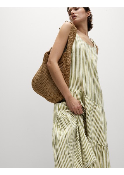 Keten Karışımlı Bağlamalı Askılı Midi Elbise