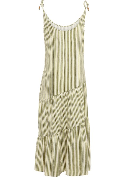 Keten Karışımlı Bağlamalı Askılı Midi Elbise