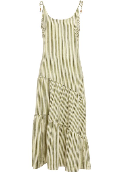 Keten Karışımlı Bağlamalı Askılı Midi Elbise