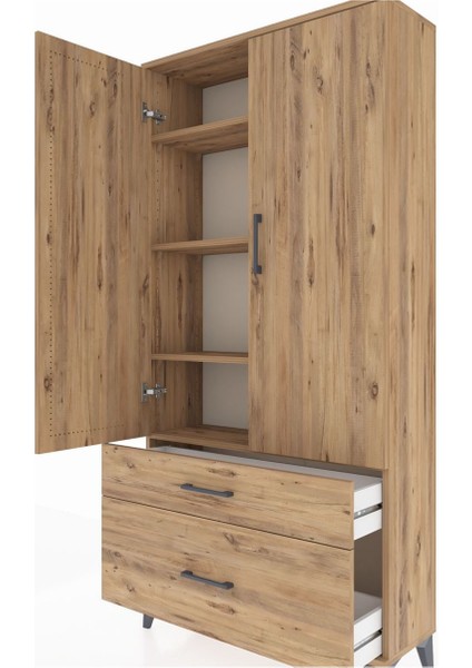 Arges Dolap 4 Raflı 2 Çekmeceli 2 Kapaklı 88X30X182 Çam-Çam indirimleri