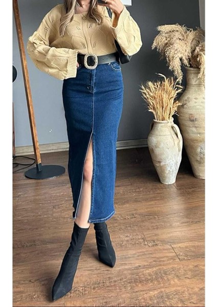 Zr Model Yırtmaç Detaylı Düğmeli Kot Etek Koyu Mavi Midi Diz Boy