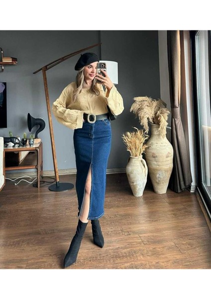 Zr Model Yırtmaç Detaylı Düğmeli Kot Etek Koyu Mavi Midi Diz Boy modelleri