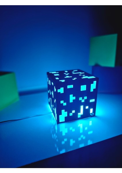 Özelleştirilebilir Minecraft Tarzı Dekoratif Küp Masa ve Gece Lambası, Mavi Renkli fiyatları
