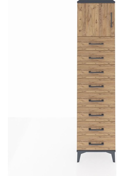 Arges Dolap Tek Raflı 8 Çekmeceli Tek Kapaklı 44X30X182 Antrasit-Çam