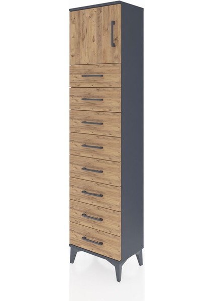 Arges Dolap Tek Raflı 8 Çekmeceli Tek Kapaklı 44X30X182 Antrasit-Çam modelleri
