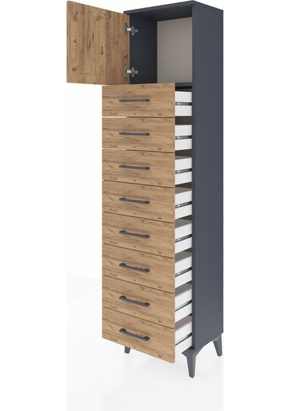 Arges Dolap Tek Raflı 8 Çekmeceli Tek Kapaklı 44X30X182 Antrasit-Çam fırsatları