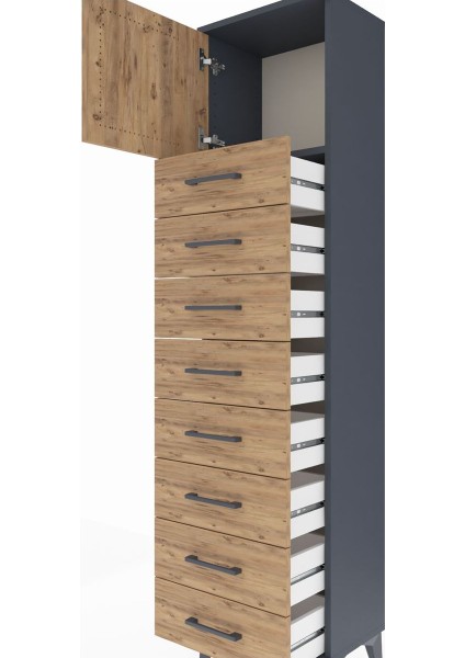 Arges Dolap Tek Raflı 8 Çekmeceli Tek Kapaklı 44X30X182 Antrasit-Çam indirimleri