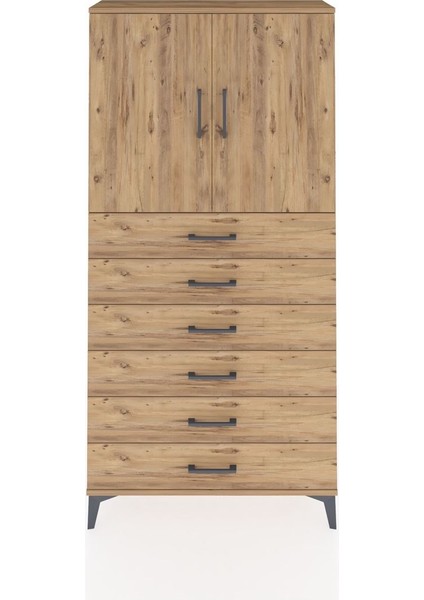 Arges Dolap 2 Raflı 6 Çekmeceli 2 Kapaklı 88X30X182 Çam-Çam