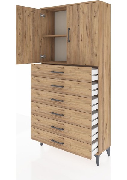 Arges Dolap 2 Raflı 6 Çekmeceli 2 Kapaklı 88X30X182 Çam-Çam fırsatları