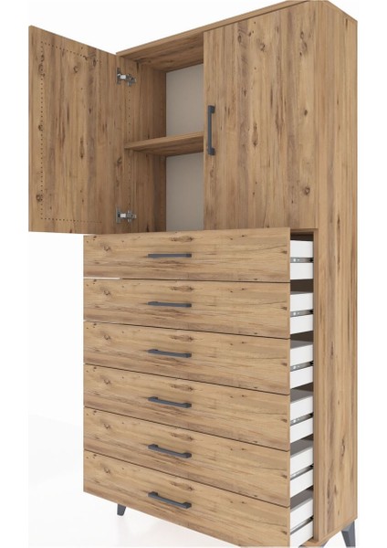 Arges Dolap 2 Raflı 6 Çekmeceli 2 Kapaklı 88X30X182 Çam-Çam indirimleri