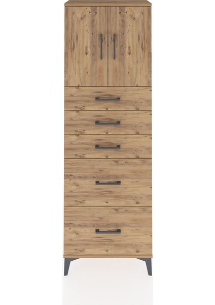 Arges Dolap 2 Raflı 5 Çekmeceli 2 Kapaklı 60X30X182 Çam-Çam