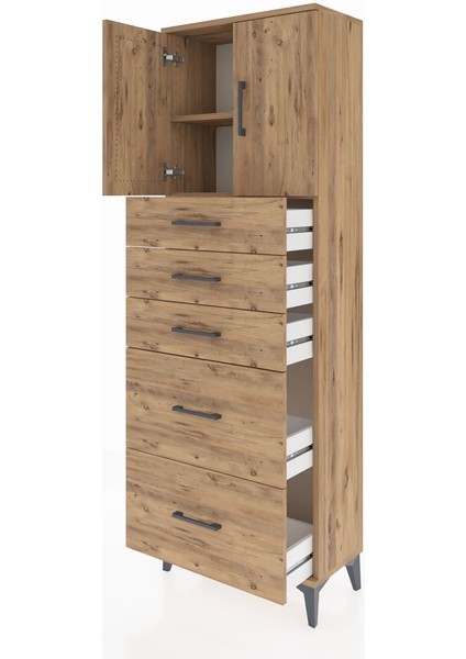 Arges Dolap 2 Raflı 5 Çekmeceli 2 Kapaklı 60X30X182 Çam-Çam fırsatları