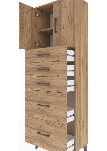 Arges Dolap 2 Raflı 5 Çekmeceli 2 Kapaklı 60X30X182 Çam-Çam indirimleri
