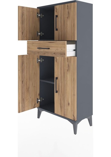 Arges Dolap 2 Raflı Tek Çekmeceli 4 Kapaklı 60X30X134 Antrasit-Çam fırsatları