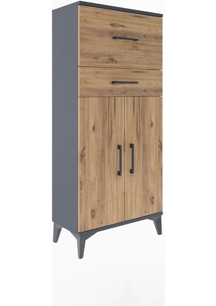 Arges Dolap Tek Raflı 2 Çekmeceli 2 Kapaklı 60X30X134 Antrasit-Çam fiyatları