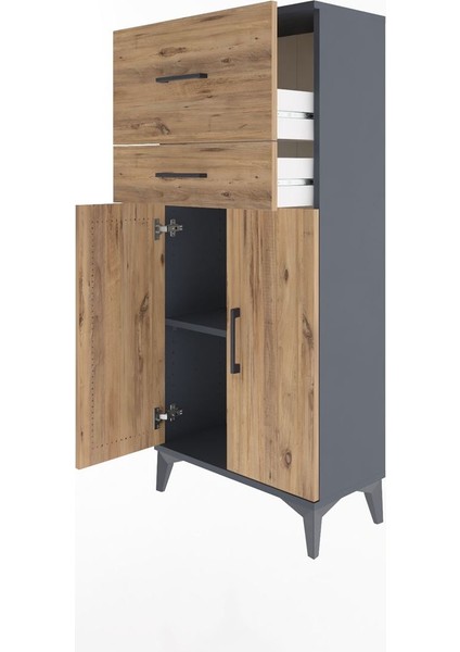 Arges Dolap Tek Raflı 2 Çekmeceli 2 Kapaklı 60X30X134 Antrasit-Çam fırsatları