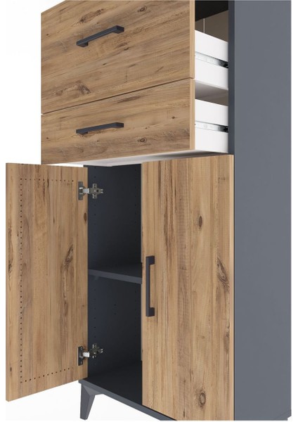 Arges Dolap Tek Raflı 2 Çekmeceli 2 Kapaklı 60X30X134 Antrasit-Çam indirimleri