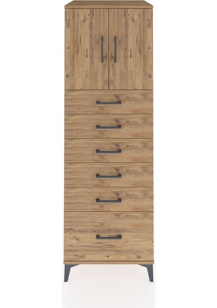 Kronos Dolap Tek Raflı 6 Çekmeceli 2 Kapaklı 60X59X182 Çam-Çam