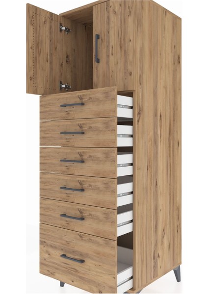 Kronos Dolap Tek Raflı 6 Çekmeceli 2 Kapaklı 60X59X182 Çam-Çam indirimleri