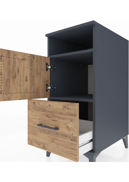Kronos Komodin 2 Raflı Tek Çekmeceli Tek Kapaklı 44X59X96 Antrasit-Çam indirimleri
