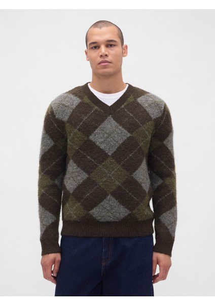 Erkek Yeşil Brushed V Yaka Kazak