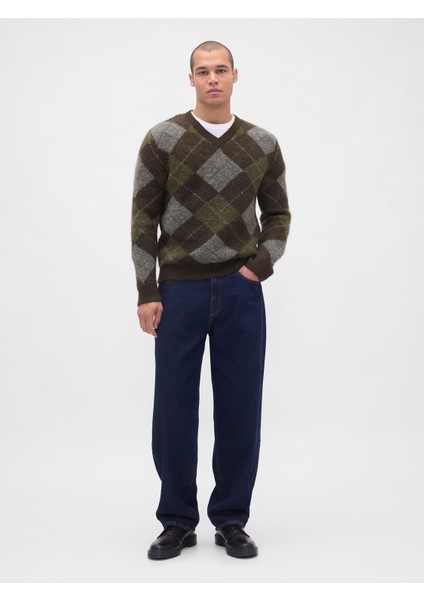 Erkek Yeşil Brushed V Yaka Kazak indirimleri