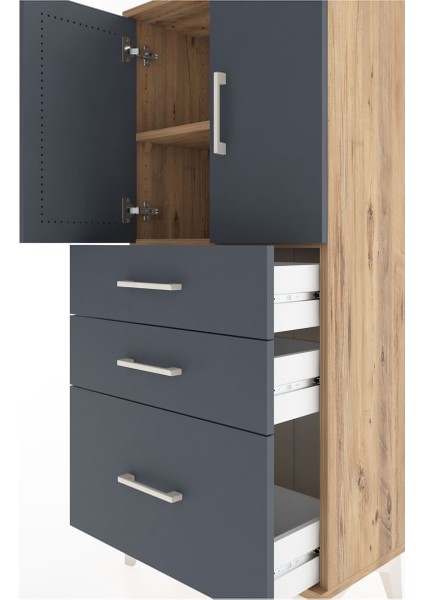 Hyperion Dolap 2 Raflı 3 Çekmeceli 2 Kapaklı 60X44X134 Çam-Antrasit indirimleri