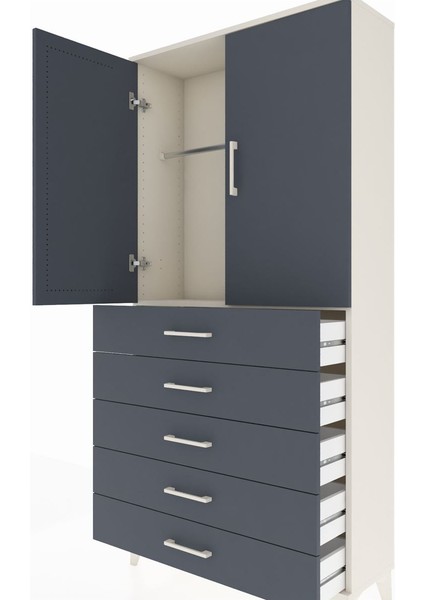 Arges Dolap Tek Raflı 5 Çekmeceli Tek Askılı 88X30X182 Aytaşı-Antrasit indirimleri