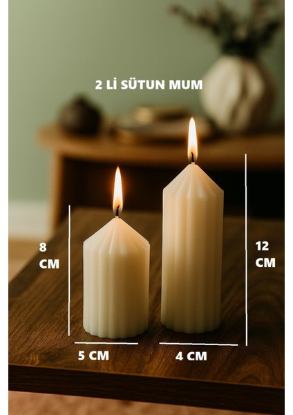 2 Li Sütun Mum Seti Dekoratif Beyaz Mum 2 Adet