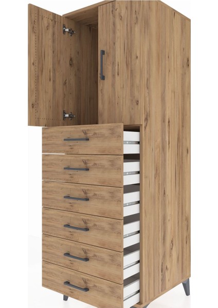 Kronos Dolap Tek Raflı 6 Çekmeceli 2 Kapaklı 60X59X182 Çam-Çam indirimleri