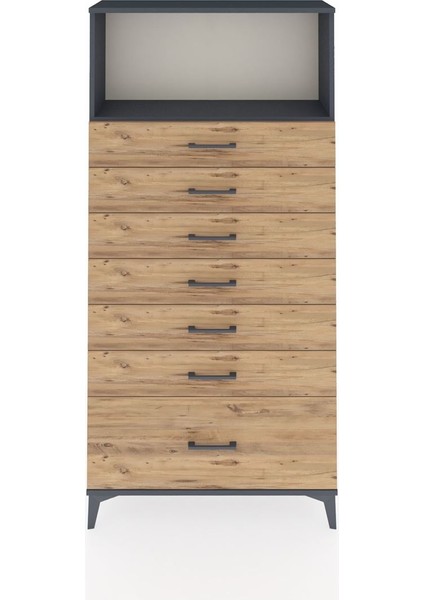 Arges Dolap Tek Raflı 7 Çekmeceli 88X30X182 Antrasit-Çam
