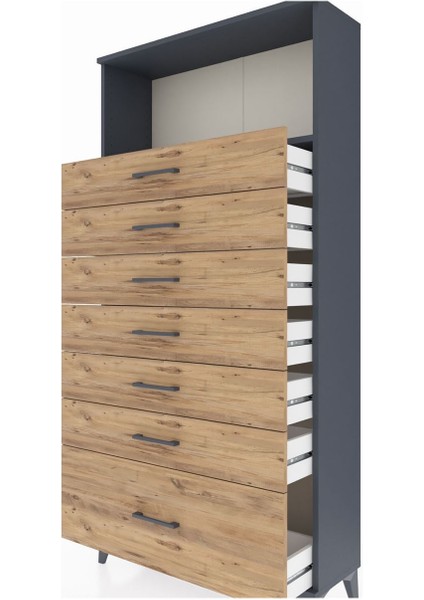 Arges Dolap Tek Raflı 7 Çekmeceli 88X30X182 Antrasit-Çam indirimleri