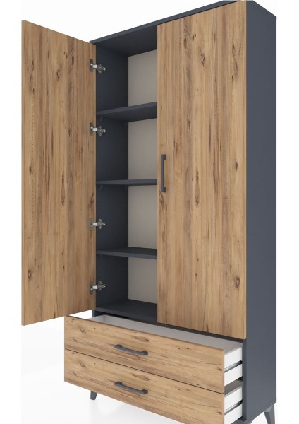 Arges Dolap 4 Raflı 2 Çekmeceli 2 Kapaklı 88X30X182 Antrasit-Çam indirimleri
