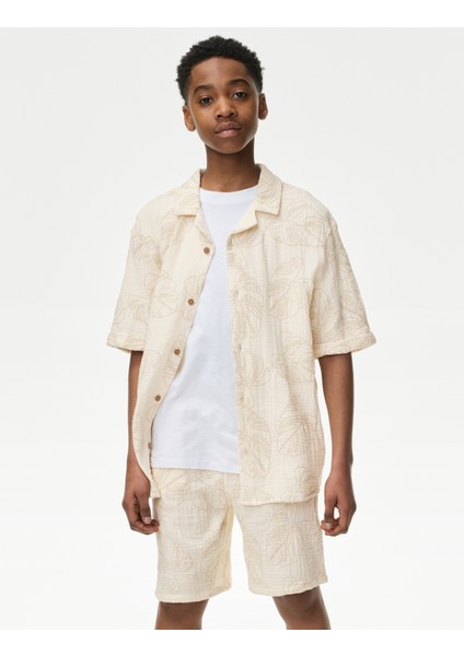 Saf Pamuklu Dokulu Palmiye Ağacı Baskılı Gömlek (2-16 Yaş)