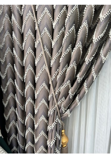 Pano Fon V-Püsküllü Gri - Kahve Tek Kanat Aksesuar Hariç