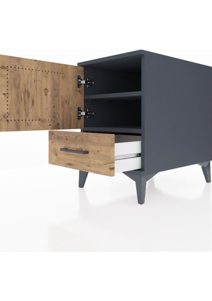 Kronos Komodin 2 Raflı Tek Çekmeceli Tek Kapaklı 44X59X64 Antrasit-Çam indirimleri