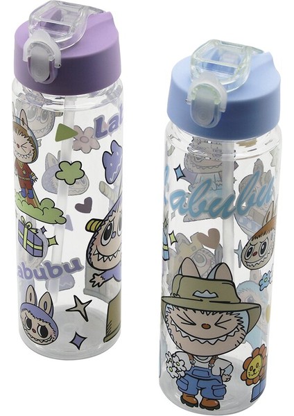 Labubu Çocuk Çizgi Film Karakter Resimli Su Matarası Şeffaf Plastik Pipetli Kilitli Kapak (5067)