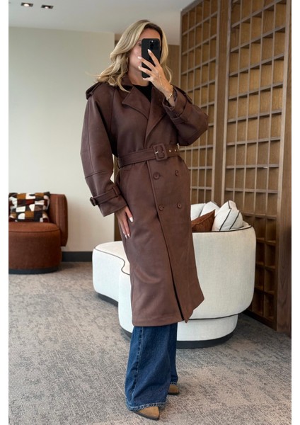 Kahverengi Uzun Süet Trençkot - 9608