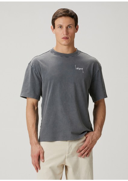Antrasit Logo Nakışlı Organik Pamuk T-Shirt