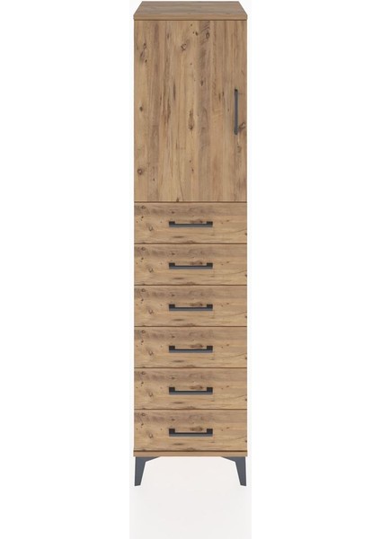 Hyperion Dolap Tek Raflı 6 Çekmeceli Tek Kapaklı 44X44X182 Çam-Çam