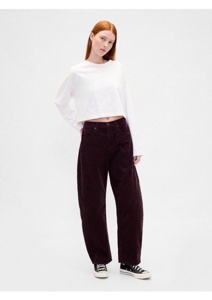 Kadın Bordo High Rise Kadife Barrel Pantolon