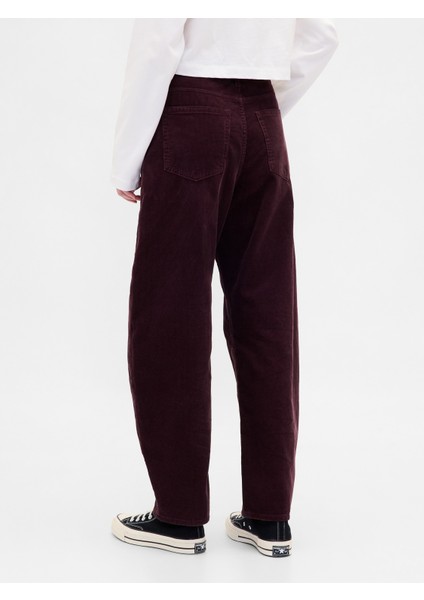 Kadın Bordo High Rise Kadife Barrel Pantolon modelleri
