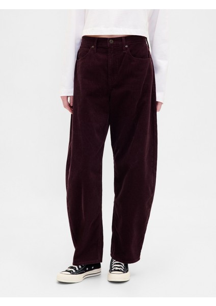 Kadın Bordo High Rise Kadife Barrel Pantolon indirimleri