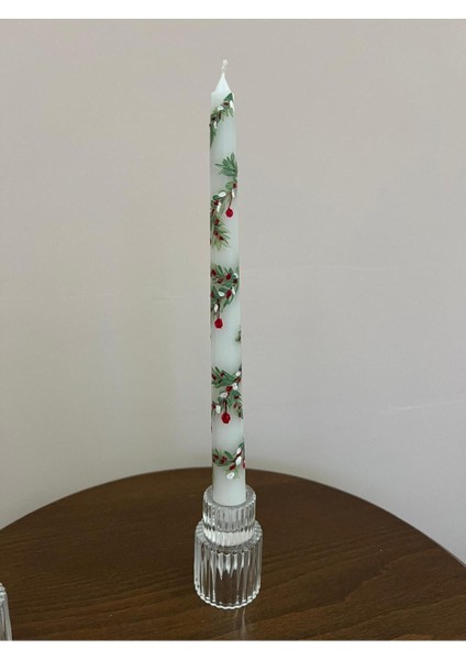 1 Adet Yeni Yıl - Noel - Yılbaşı Desenli El Çizimi Şamdan Mumu