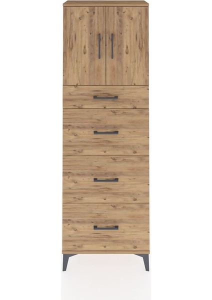 Arges Dolap 2 Raflı 4 Çekmeceli 2 Kapaklı 60X30X182 Çam-Çam
